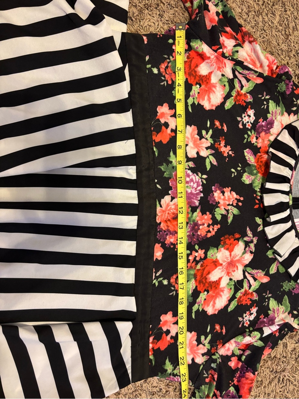 LuLaRoe Black Floral and White-Black Striped Tiered Midi Dress - Picture 3 of 6
